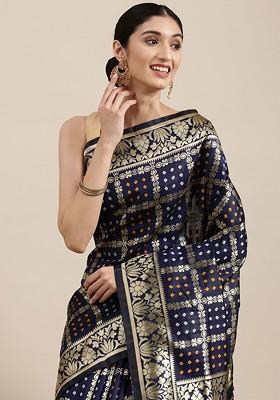 Navy Blue Printed Blended Saree Set