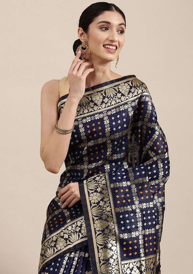Navy Blue Printed Blended Saree Set - Indya