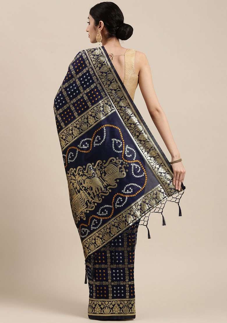 Navy Blue Printed Blended Saree Set - Indya