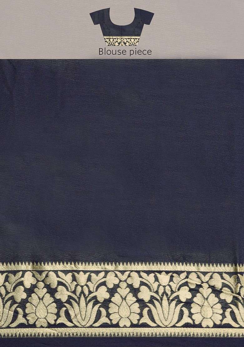 Navy Blue Printed Blended Saree Set - Indya