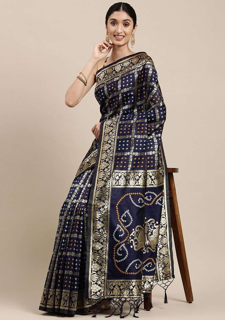 Navy Blue Printed Blended Saree Set - Indya