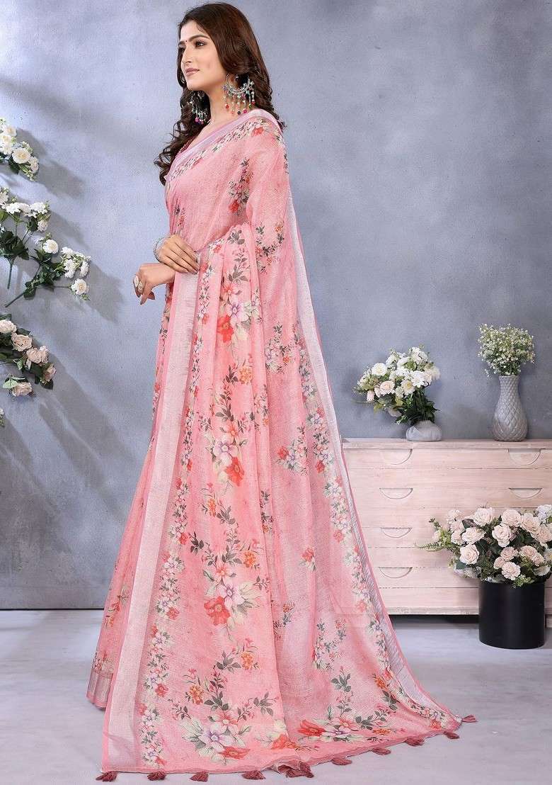 Pink Printed Blended Saree Set - Indya