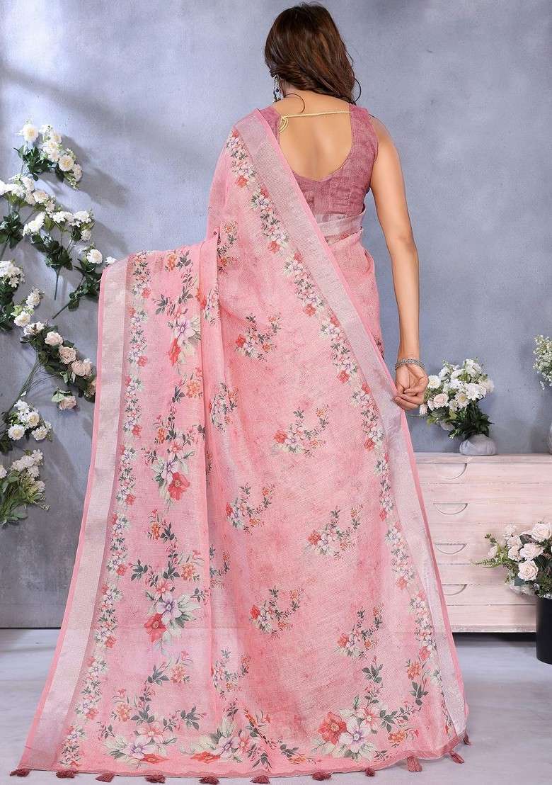 Pink Printed Blended Saree Set - Indya
