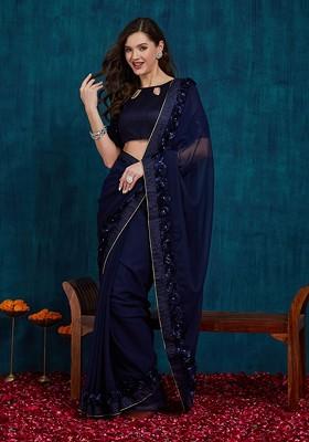 Navy Blue Embroidered Blended Saree Set