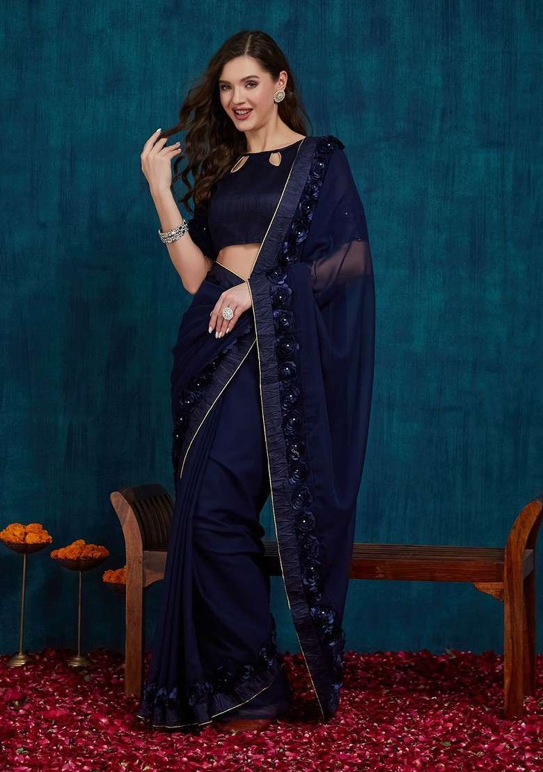 Navy Blue Blended Saree Set with Embroidered for Diwali | Wedding & Festive Wear - Indya