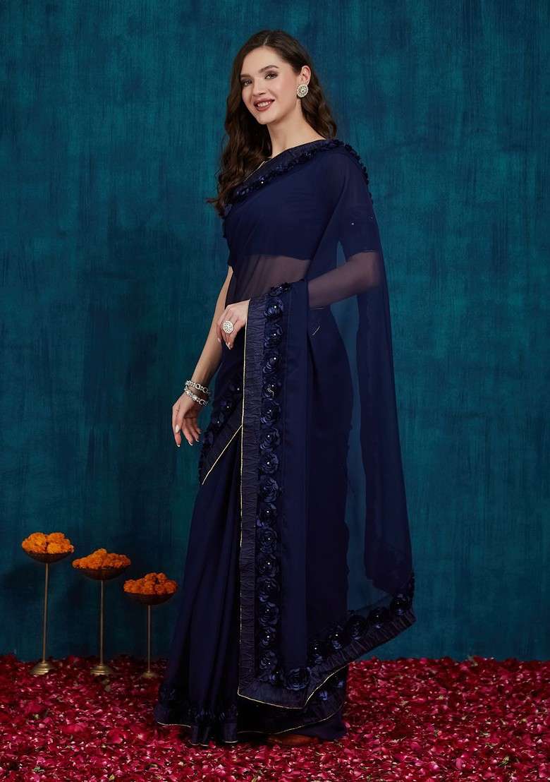 Navy Blue Blended Saree Set with Embroidered for Diwali | Wedding & Festive Wear - Indya
