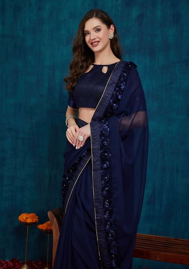 Navy Blue Blended Saree Set with Embroidered for Diwali | Wedding & Festive Wear - Indya