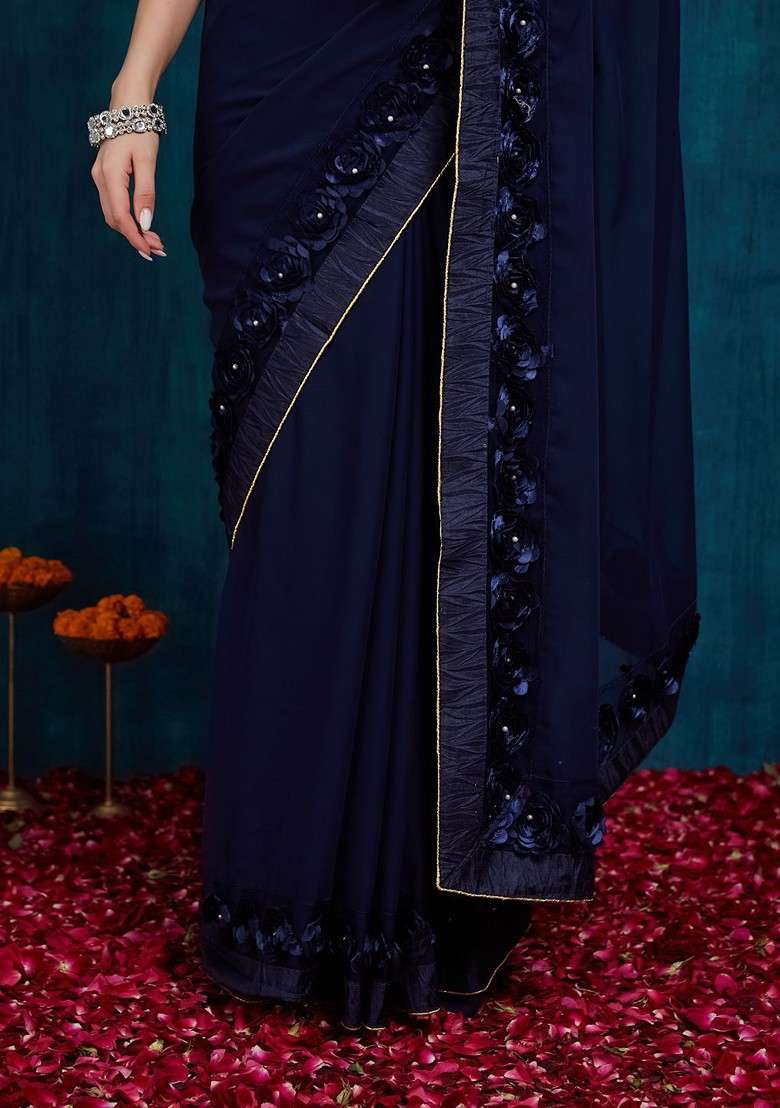 Navy Blue Blended Saree Set with Embroidered for Diwali | Wedding & Festive Wear - Indya