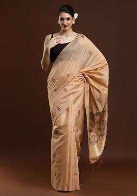 Beige Embroidered Blended Saree Set