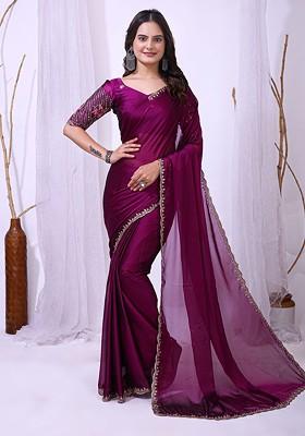 Purple Embroidered Blended Saree Set