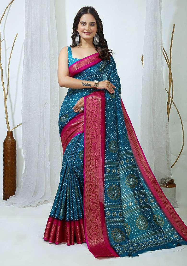 Blue Printed Blended Saree Set - Indya