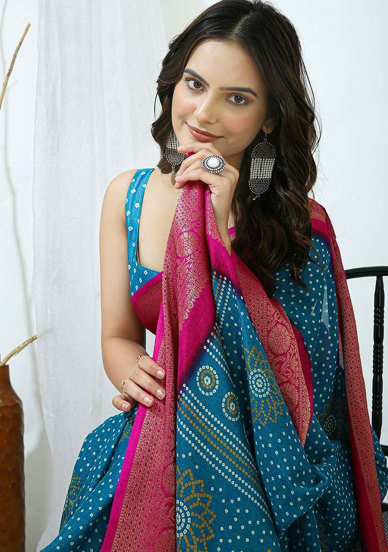 Blue Printed Blended Saree Set - Indya