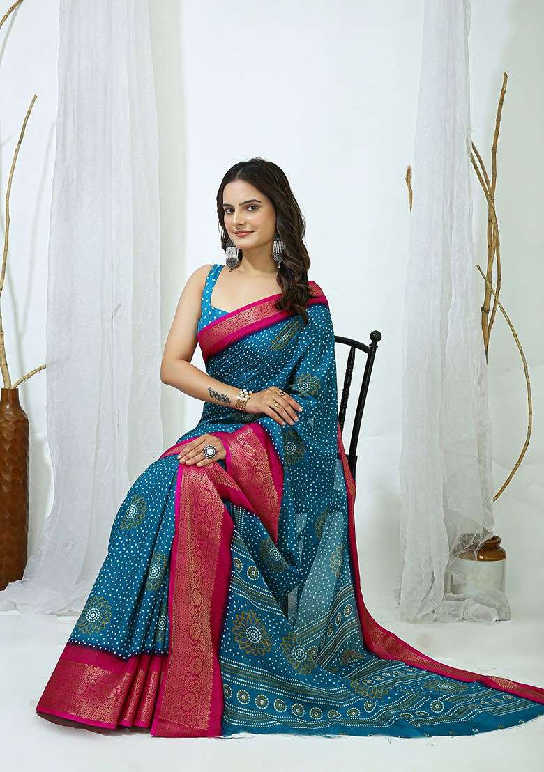 Blue Printed Blended Saree Set - Indya