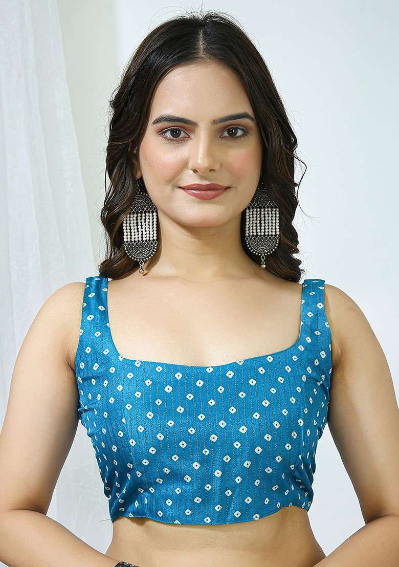 Blue Printed Blended Saree Set - Indya