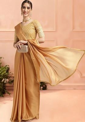 Mustard Embroidered Blended Saree Set