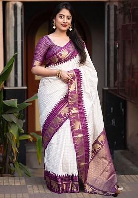 Purple Jacquard Blended Saree Set
