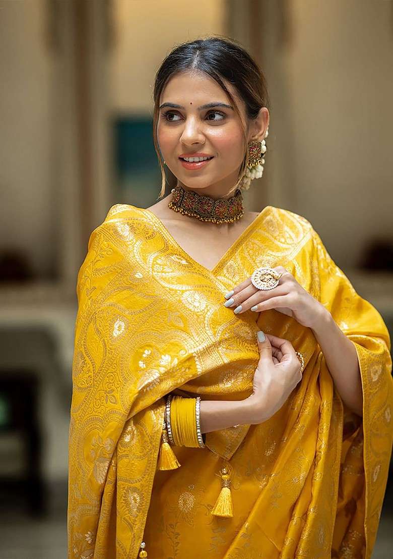 Yellow Blended Saree Set with Printed for Diwali | Wedding & Festive Wear - Indya