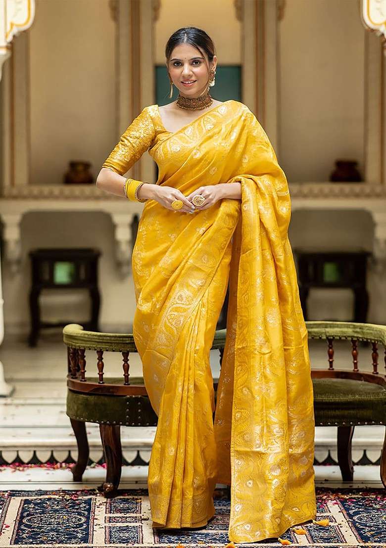 Yellow Blended Saree Set with Printed for Diwali | Wedding & Festive Wear - Indya