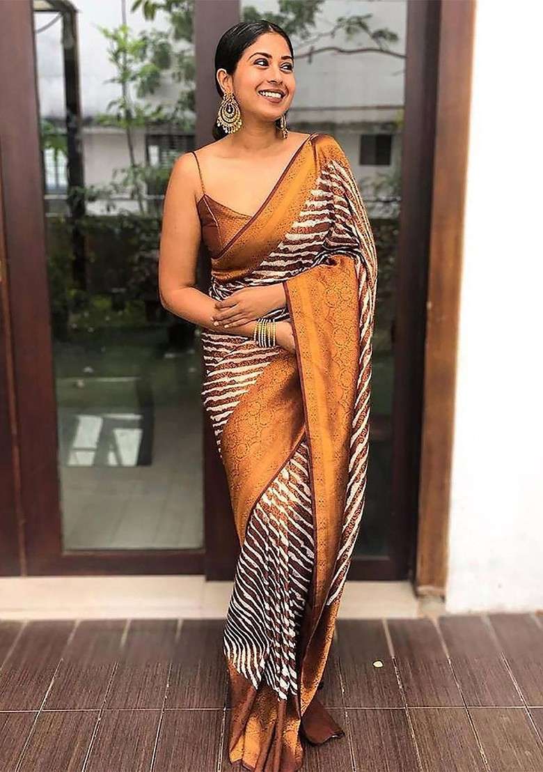 Brown Embroidered Blended Saree Set for Diwali and Festive Wear - Indya