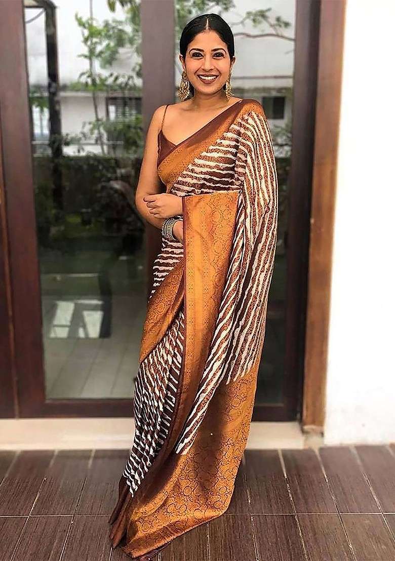 Brown Embroidered Blended Saree Set for Diwali and Festive Wear - Indya