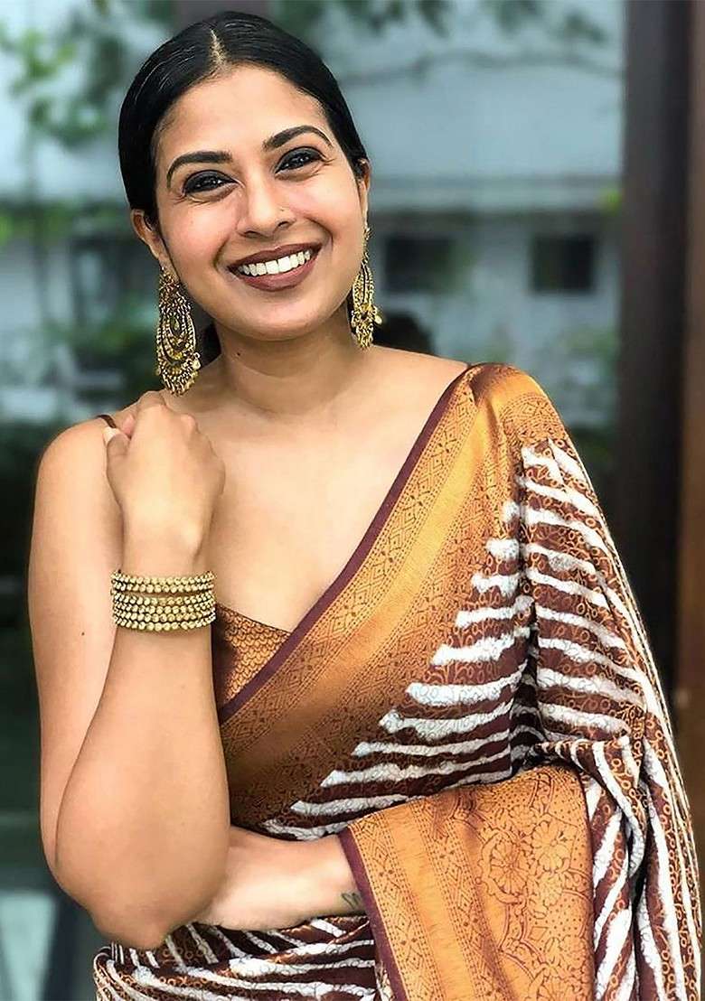 Brown Embroidered Blended Saree Set for Diwali and Festive Wear - Indya