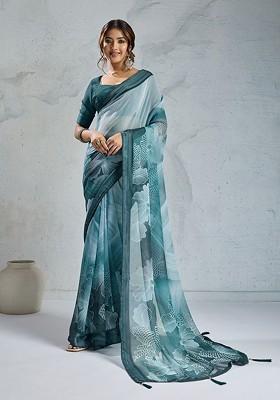 Teal Printed Blended Saree Set