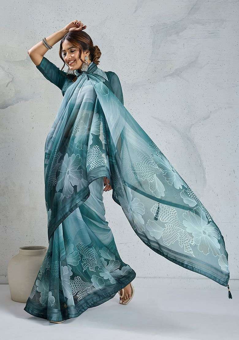 Teal Blended Saree Set with Printed for Diwali | Wedding & Festive Wear - Indya