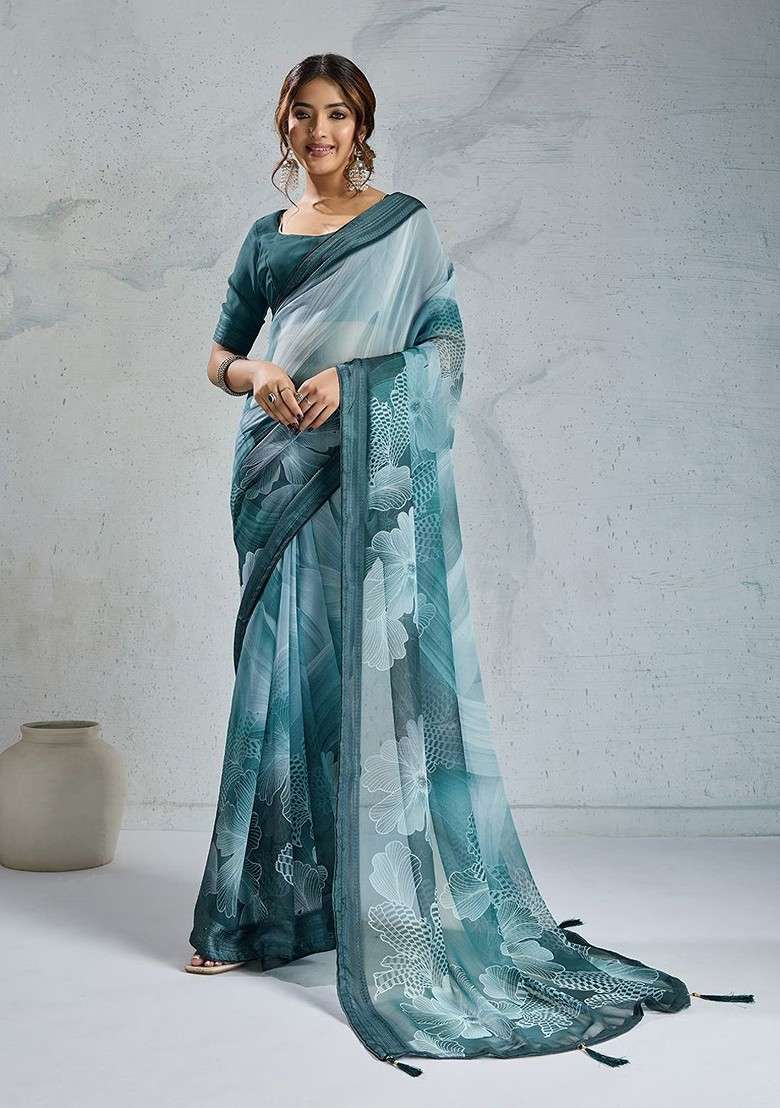 Teal Blended Saree Set with Printed for Diwali | Wedding & Festive Wear - Indya