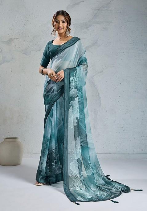 Teal Printed Blended Saree Set
