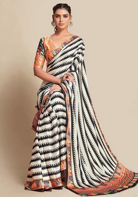 White Embroidered Blended Saree Set