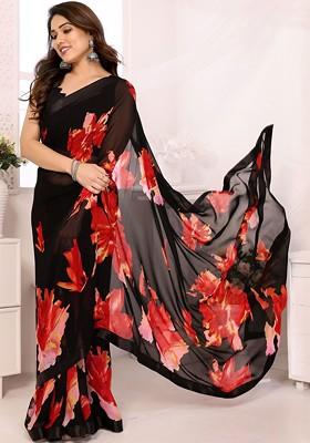 Black Printed Blended Saree Set
