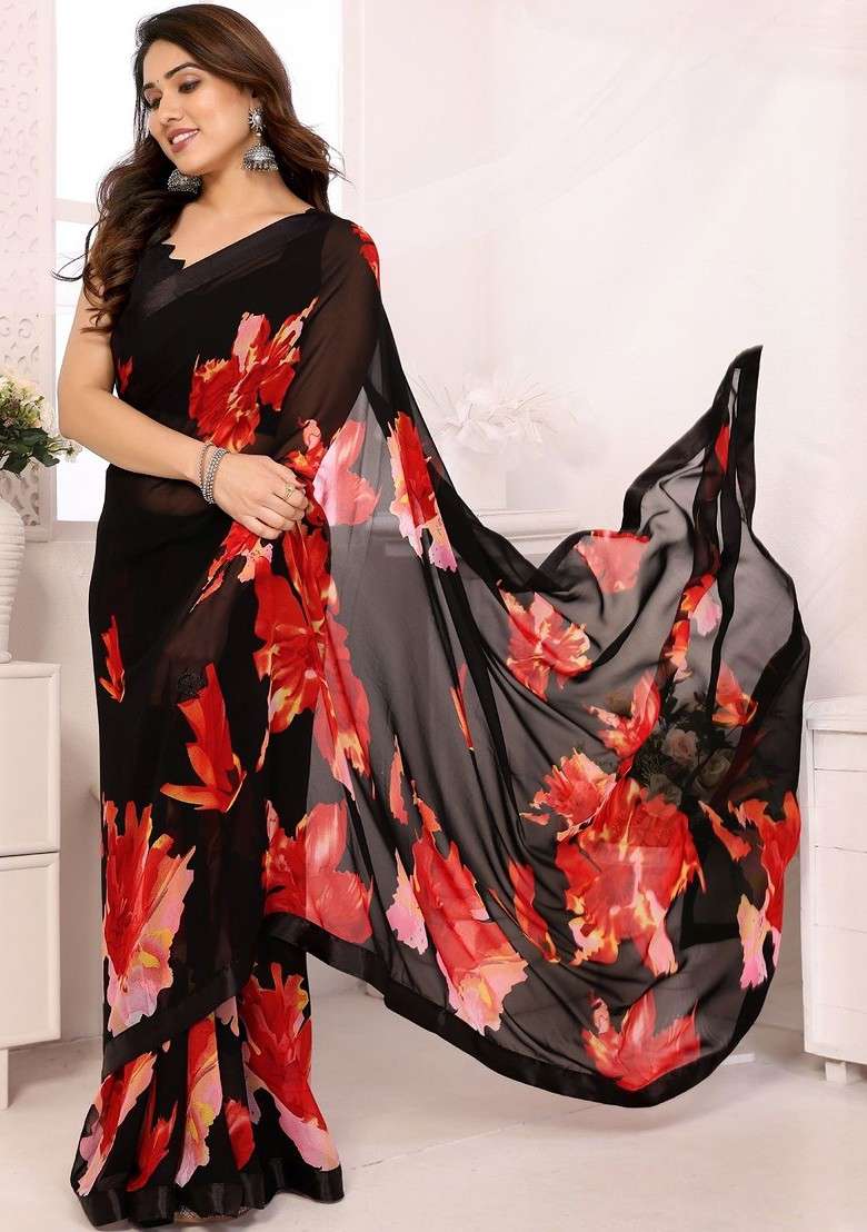 Black Printed Blended Saree Set - Indya