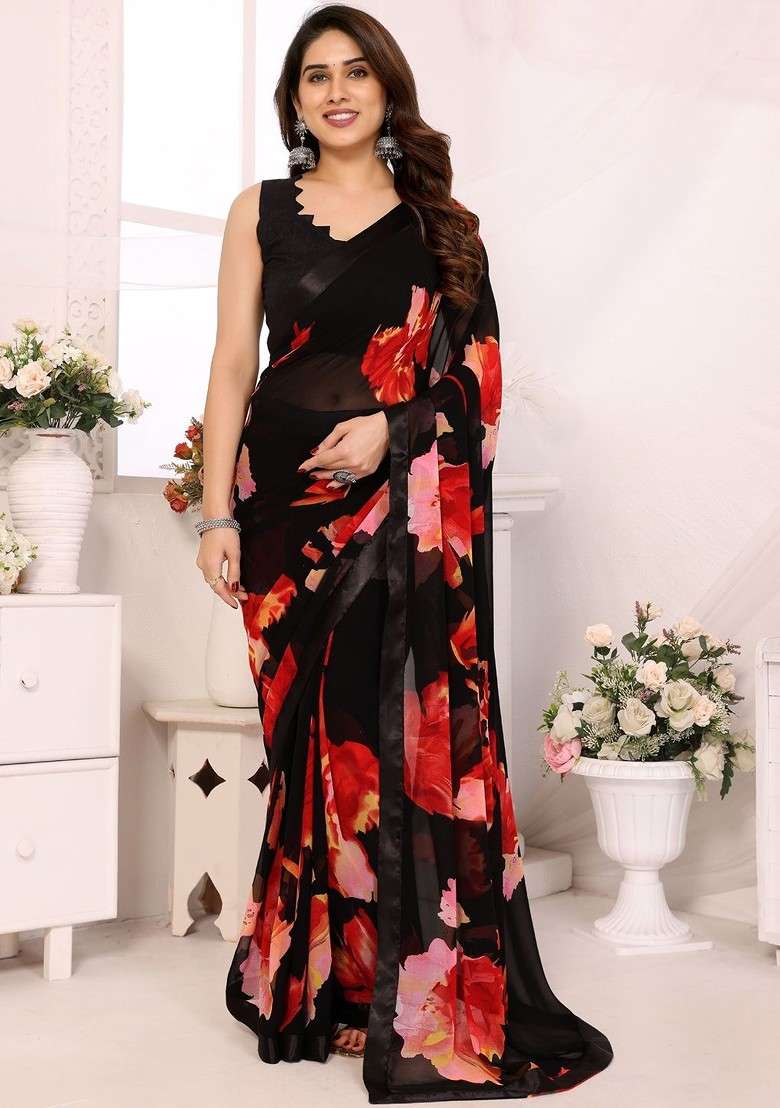 Black Printed Blended Saree Set - Indya