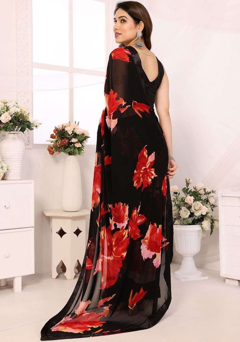Black Printed Blended Saree Set - Indya