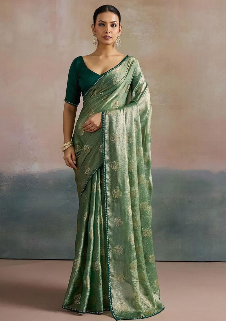 Sea Green Printed Blended Saree Set