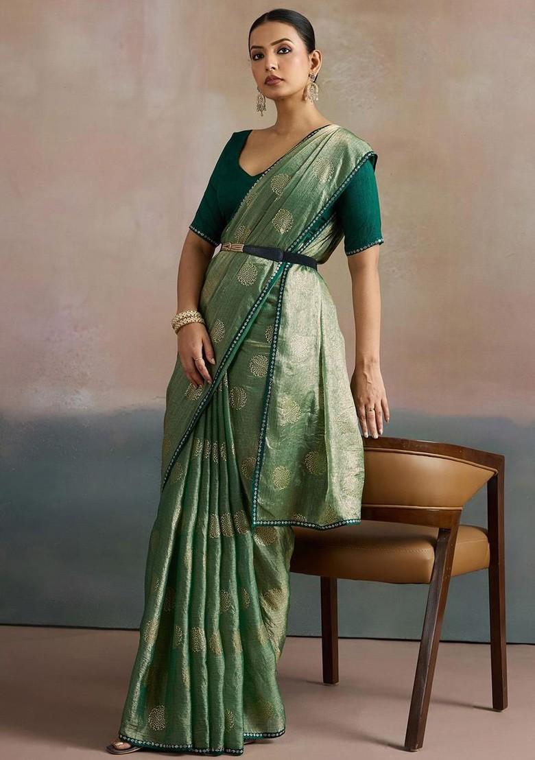 Sea Green Printed Blended Saree Set