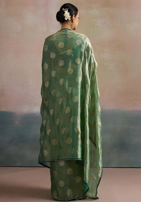 Sea Green Printed Blended Saree Set