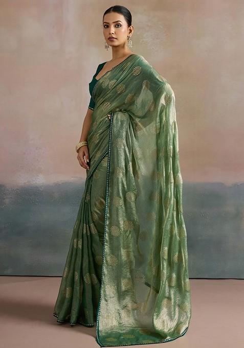 Sea Green Printed Blended Saree Set