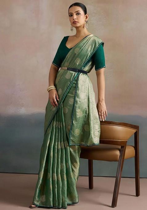 Sea Green Printed Blended Saree Set