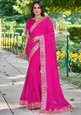 Pink Printed Blended Saree Set