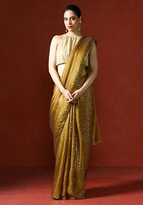 Mustard Embellished Blended Saree Set