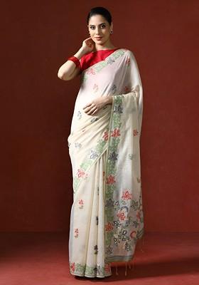 Off White Embroidered Blended Saree Set