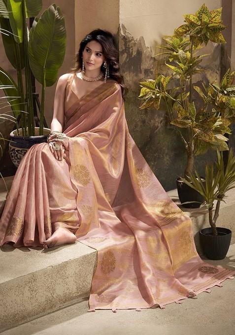 Pink Embroidered Blended Saree Set