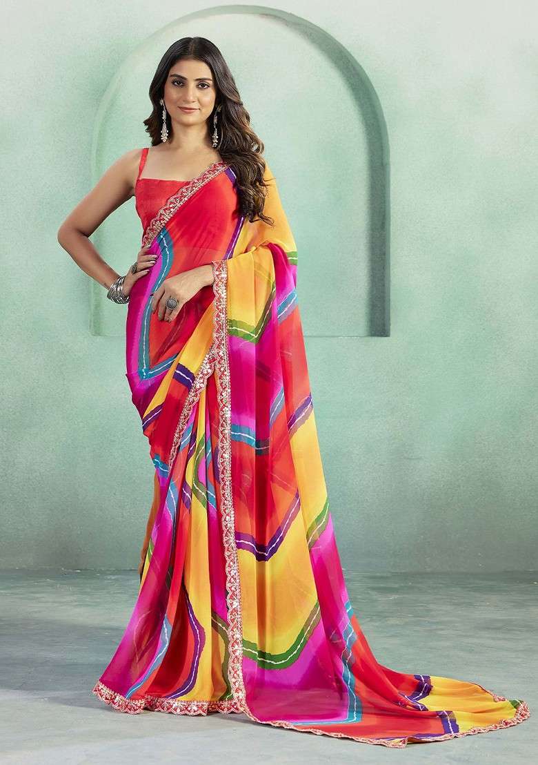Red Embroidered Blended Saree Set - Indya