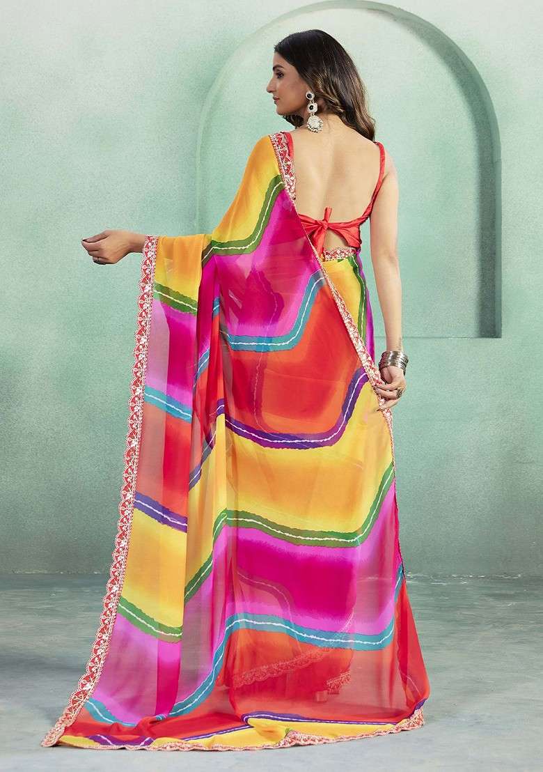 Red Embroidered Blended Saree Set - Indya