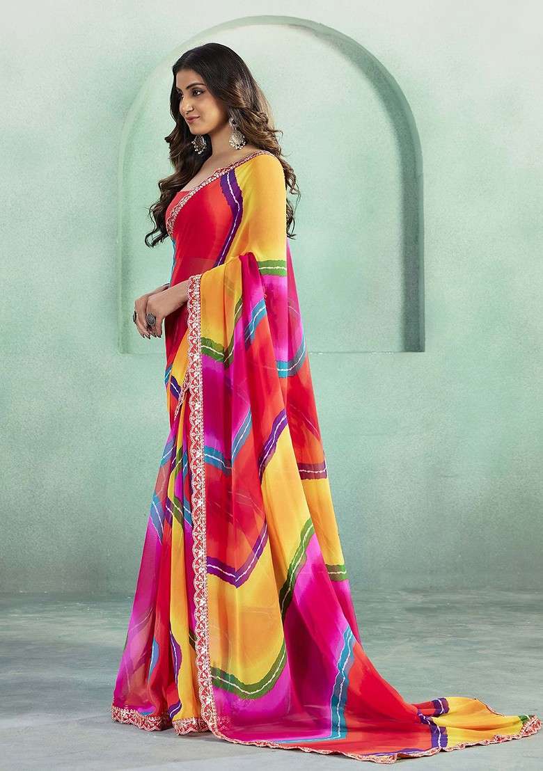 Red Embroidered Blended Saree Set - Indya