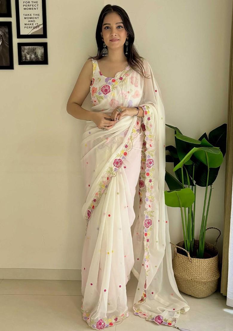 White Sequin Embellished Blended Saree Set
