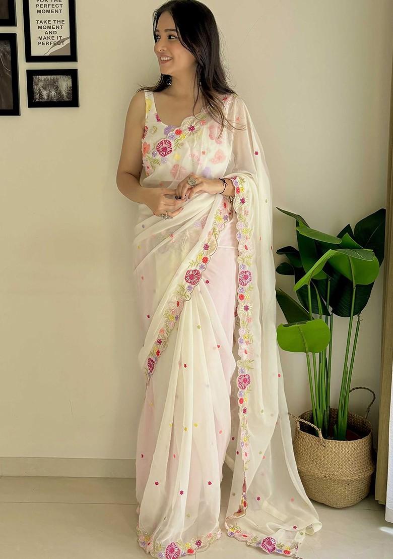 White Sequin Embellished Blended Saree Set