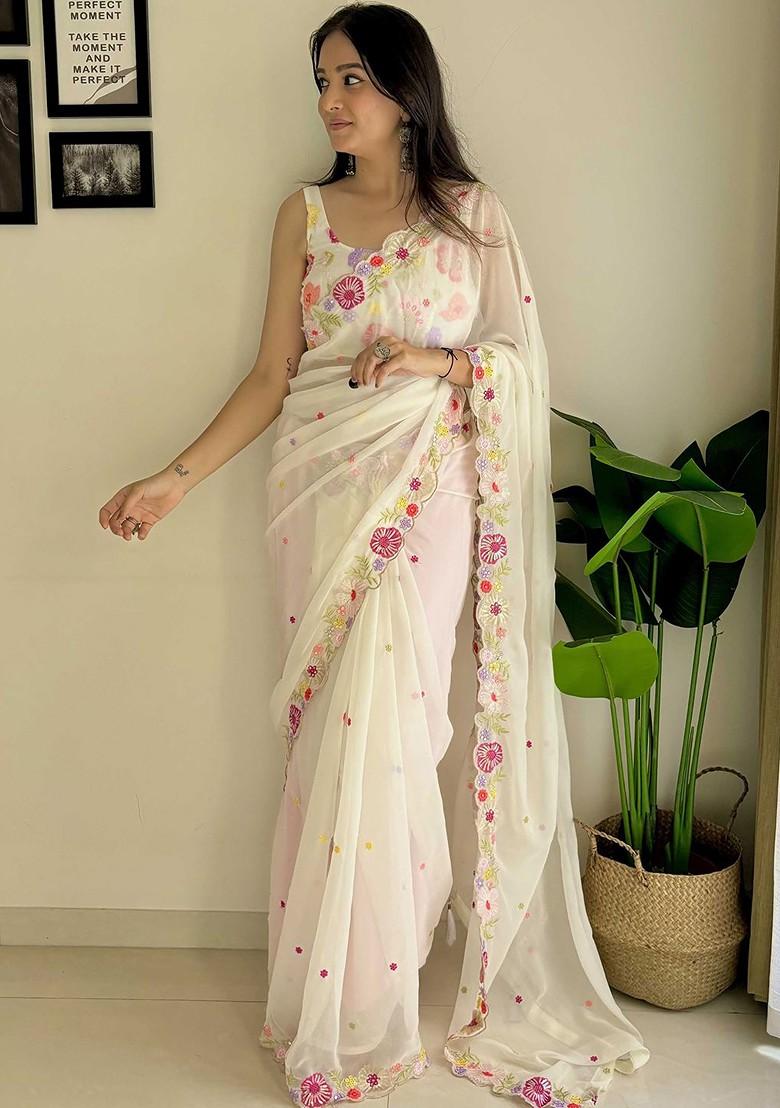 White Sequin Embellished Blended Saree Set