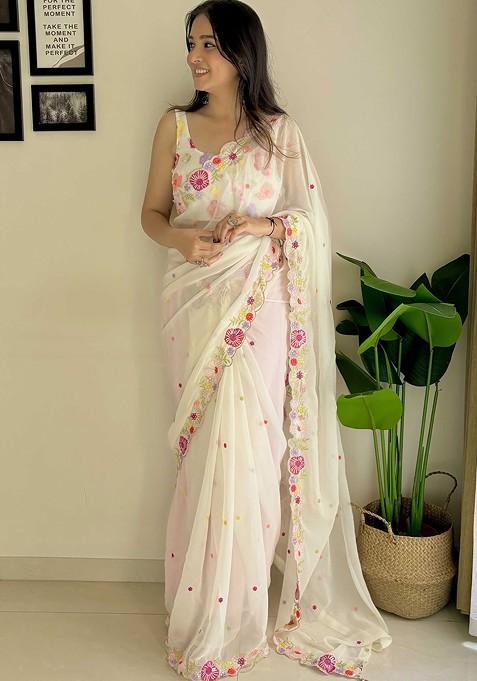 White Sequin Embellished Blended Saree Set